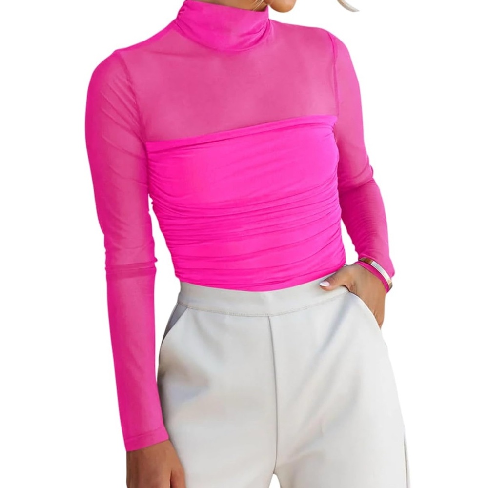 NWT Reoria Sheer Mesh Mock Neck Long Sleeve Ruched Bodysuit Top –‎ Small